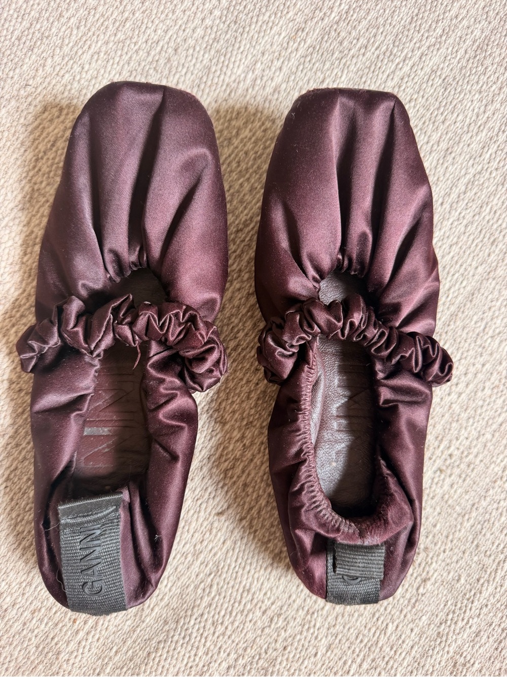 Ganni Satin Ballet Flats in Plum